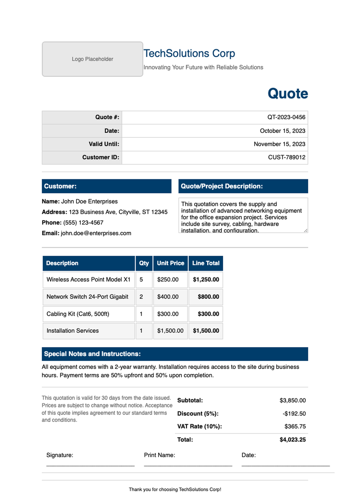 Professional business quote template with blue headers and placeholder fields_variant_2